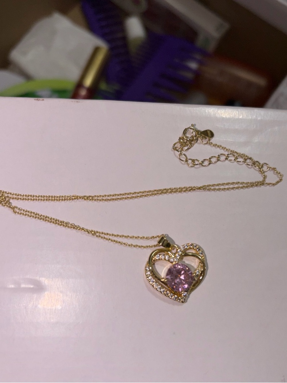 Gold Heart Pendant Necklace with Pink Stone